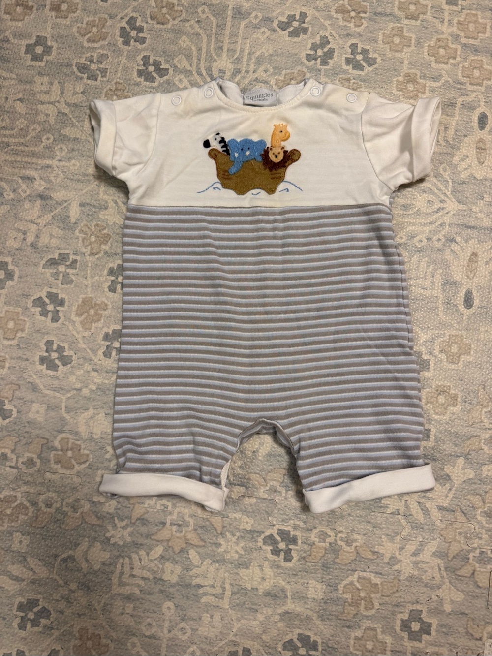 Striped Blue & White Baby One-Piece Bodysuit with Animal Applique